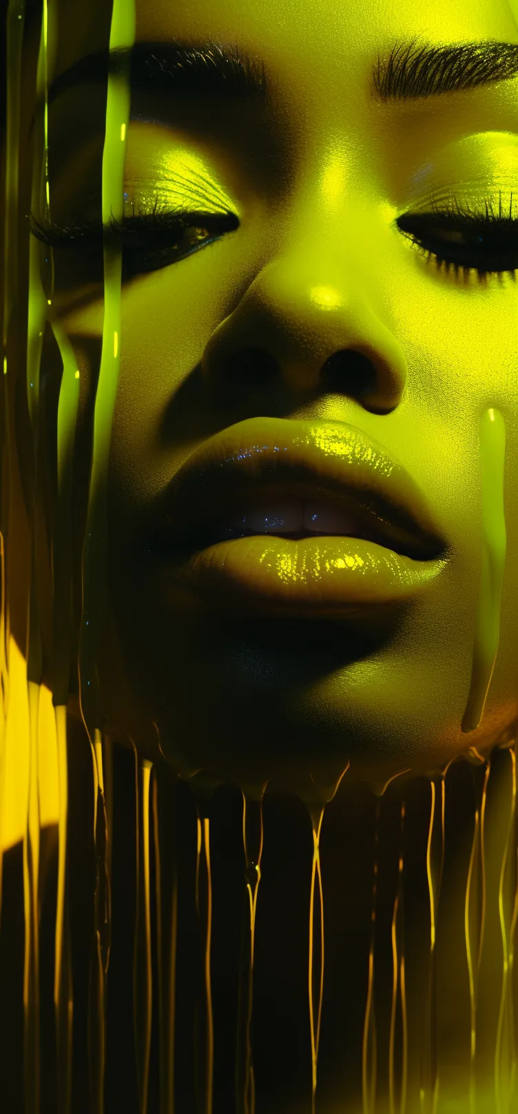 Woman's Face Close Up Illuminated In Vibrant Yellow And Green Hues With Dripping Effect