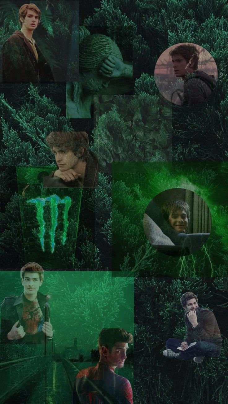 Collage of pictures of the Amazing Spider-Man, including one of him with a green energy drink - Andrew Garfield