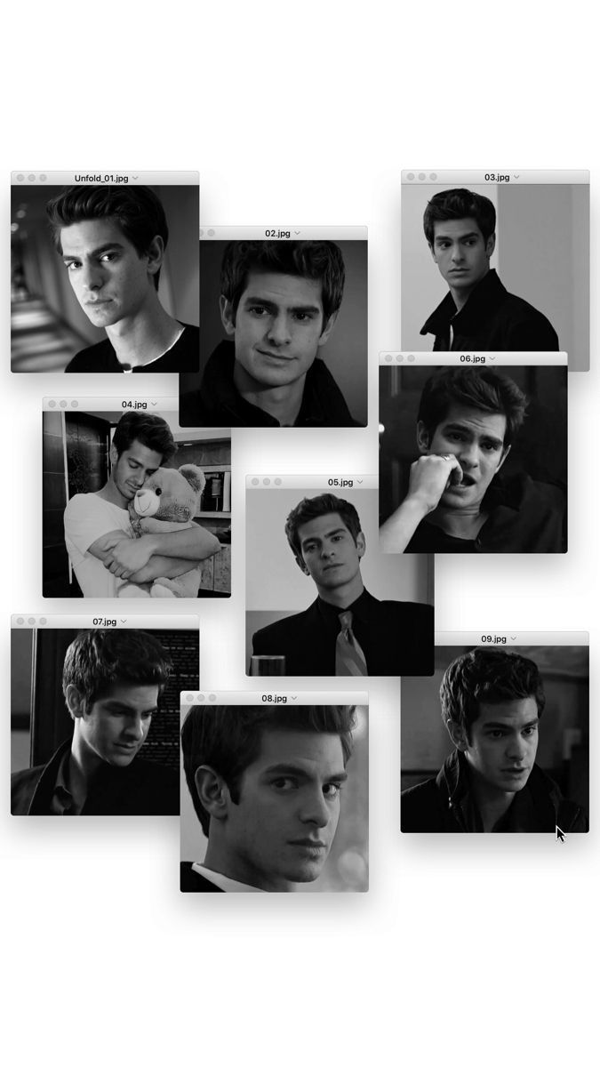 Collage of Andrew Garfield in black and white, including him as the Spiderman - Andrew Garfield