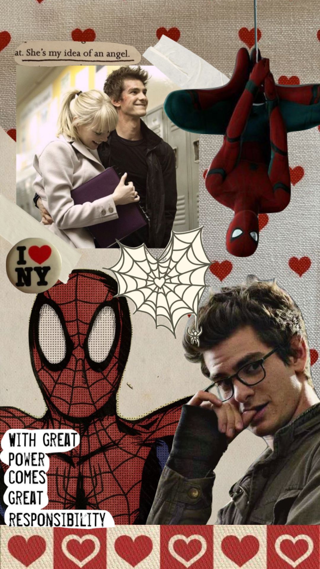 Collage of Spiderman scenes with hearts and text that says 