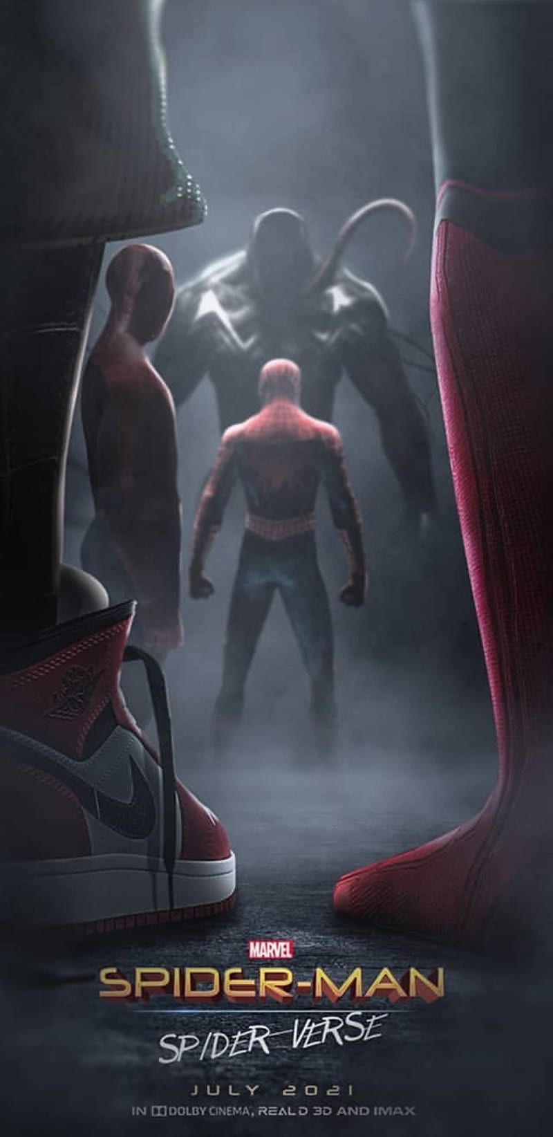 A poster for Spider-Man: Spider-Verse showing a shoe, a spider and a figure in the background. - Andrew Garfield