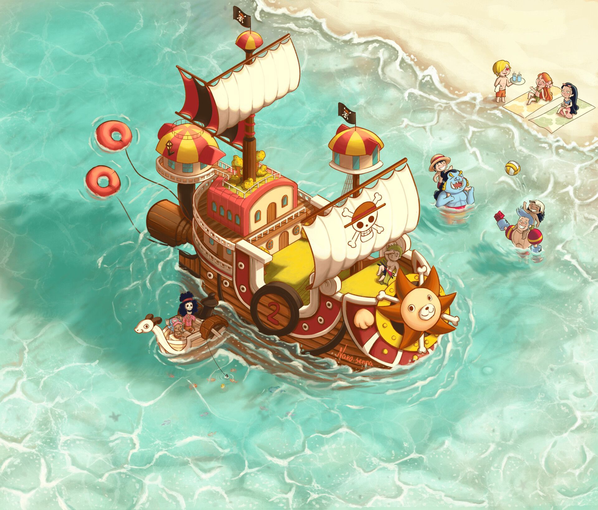 A ship full of people, with a giant yellow pig in the front, sails through the ocean. - One Piece