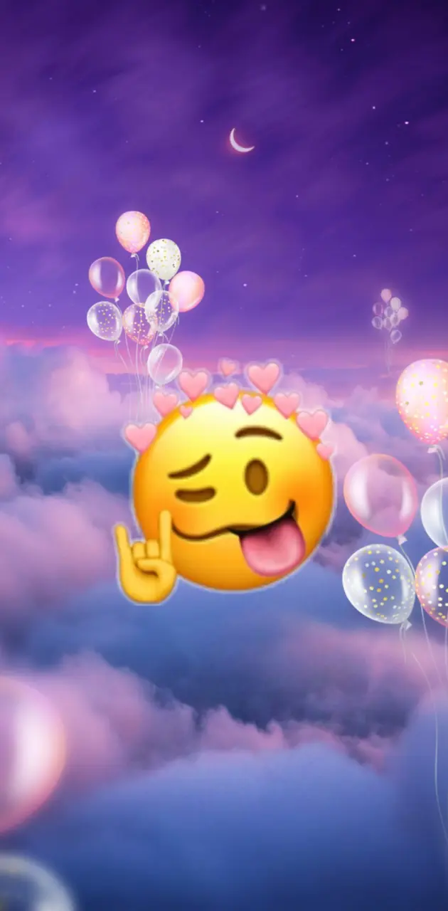 A yellow emoji is throwing up a peace sign while floating in the clouds with balloons - Emoji