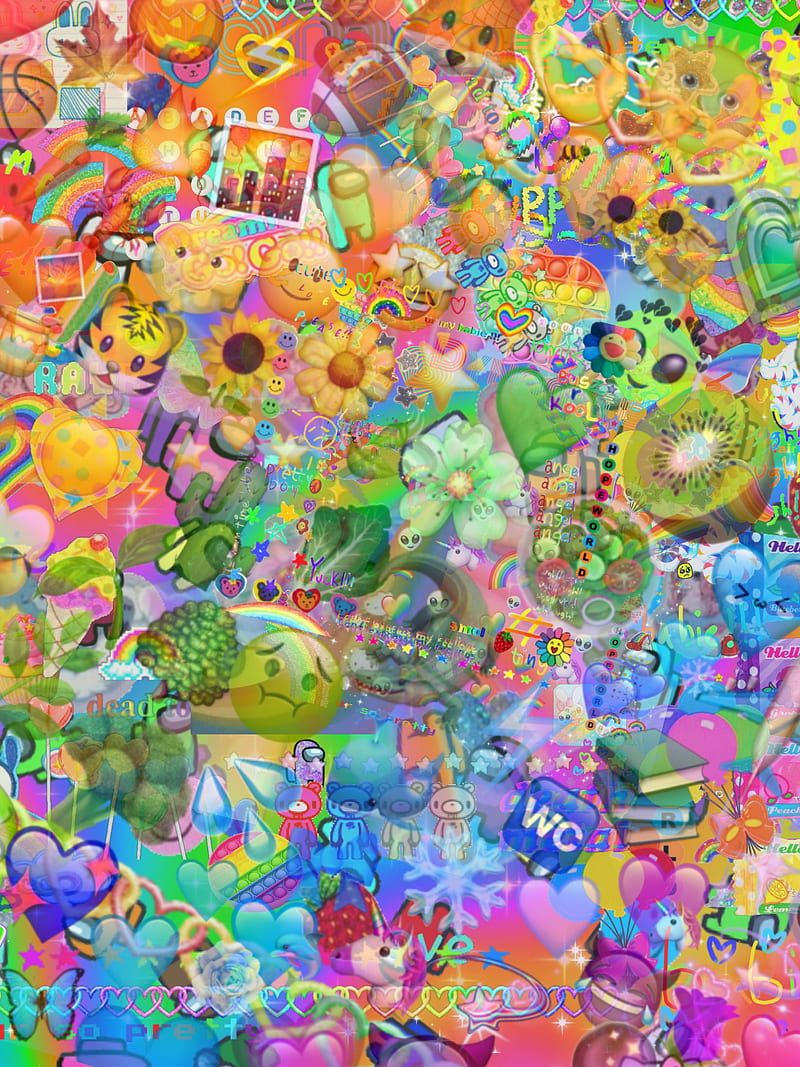 A rainbow colored image with many different items such as fruit, animals, and emojis. - Emoji