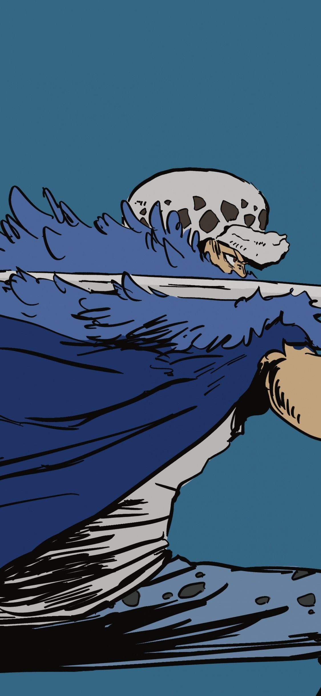 A skull-headed creature in a blue robe raises a sword. - One Piece