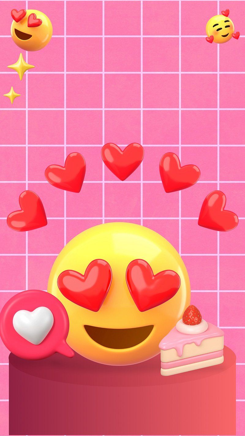 A smiling yellow face with heart-shaped eyes is in front of a pink background. There are red hearts floating around the yellow face. - Emoji