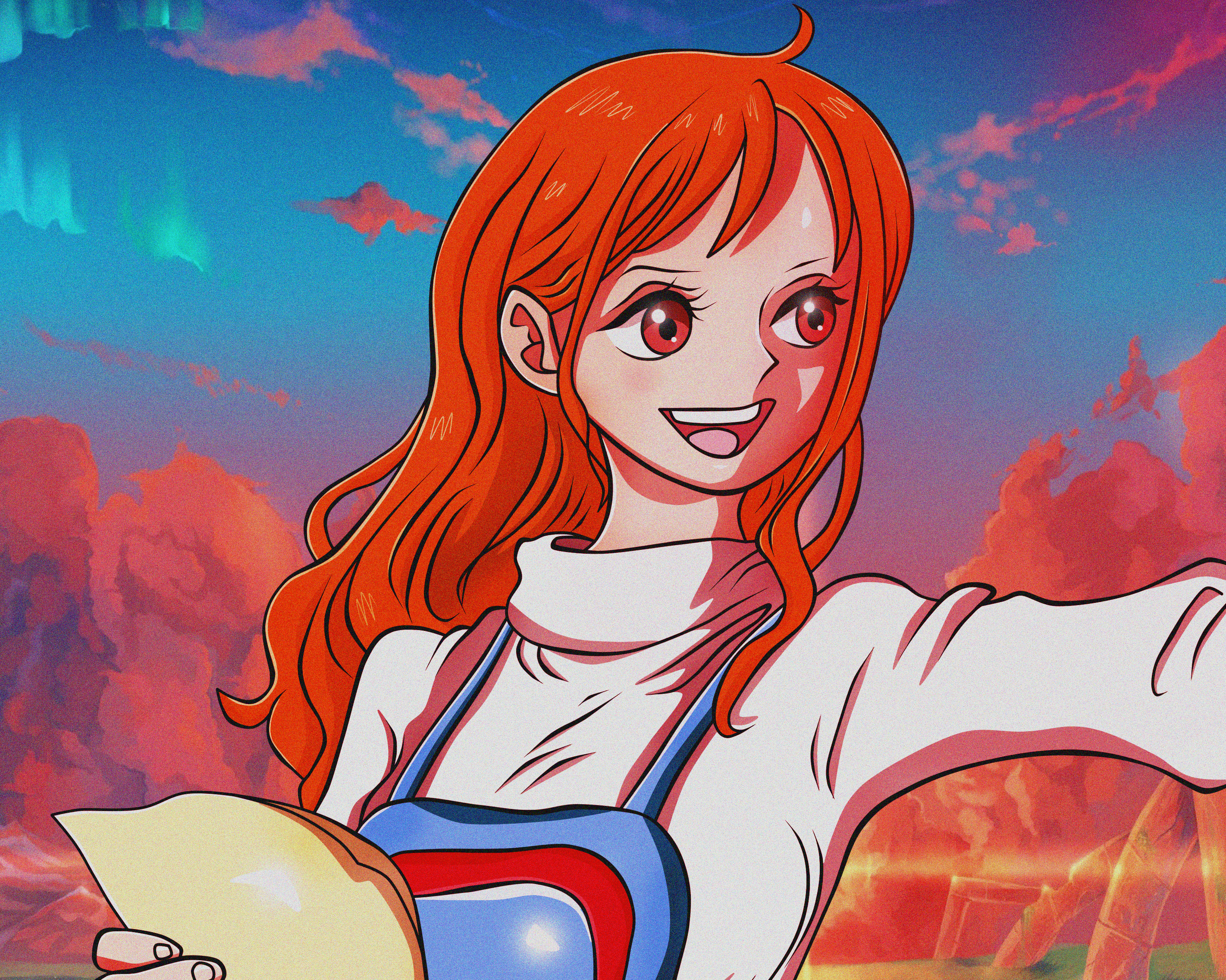 One Piece, Nami, character, anime, art, red hair, smile, clouds, sky, map - One Piece