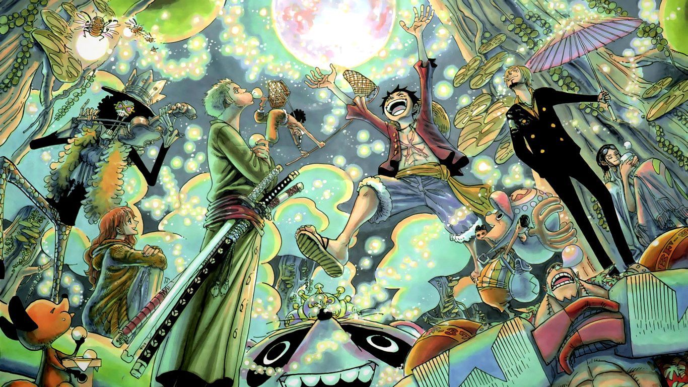 The cover of One Piece volume 23, which features the Straw Hat Pirates and the rest of the cast celebrating in a cloud of smoke and fairy lights. - One Piece