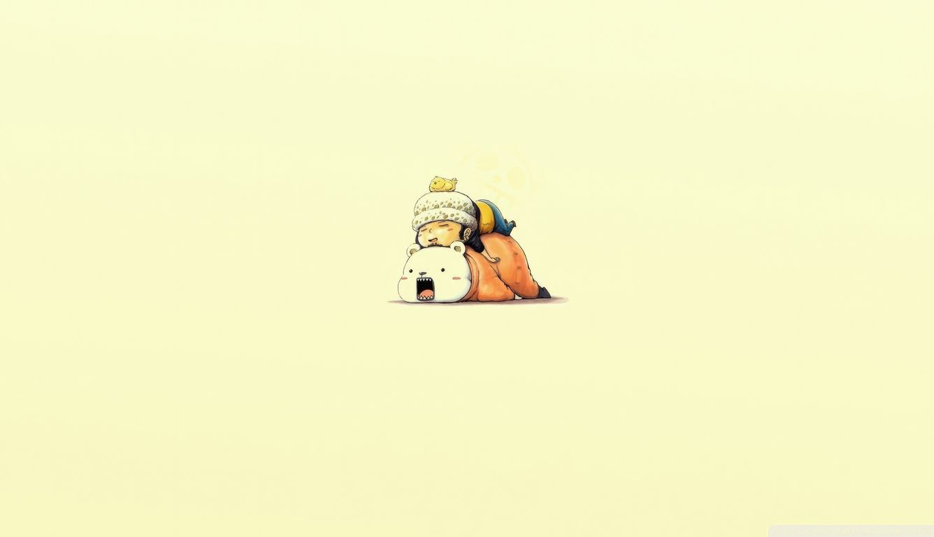 A cartoon of a baby wearing a beanie hat and a carrot jacket sitting on a white teddy bear - One Piece
