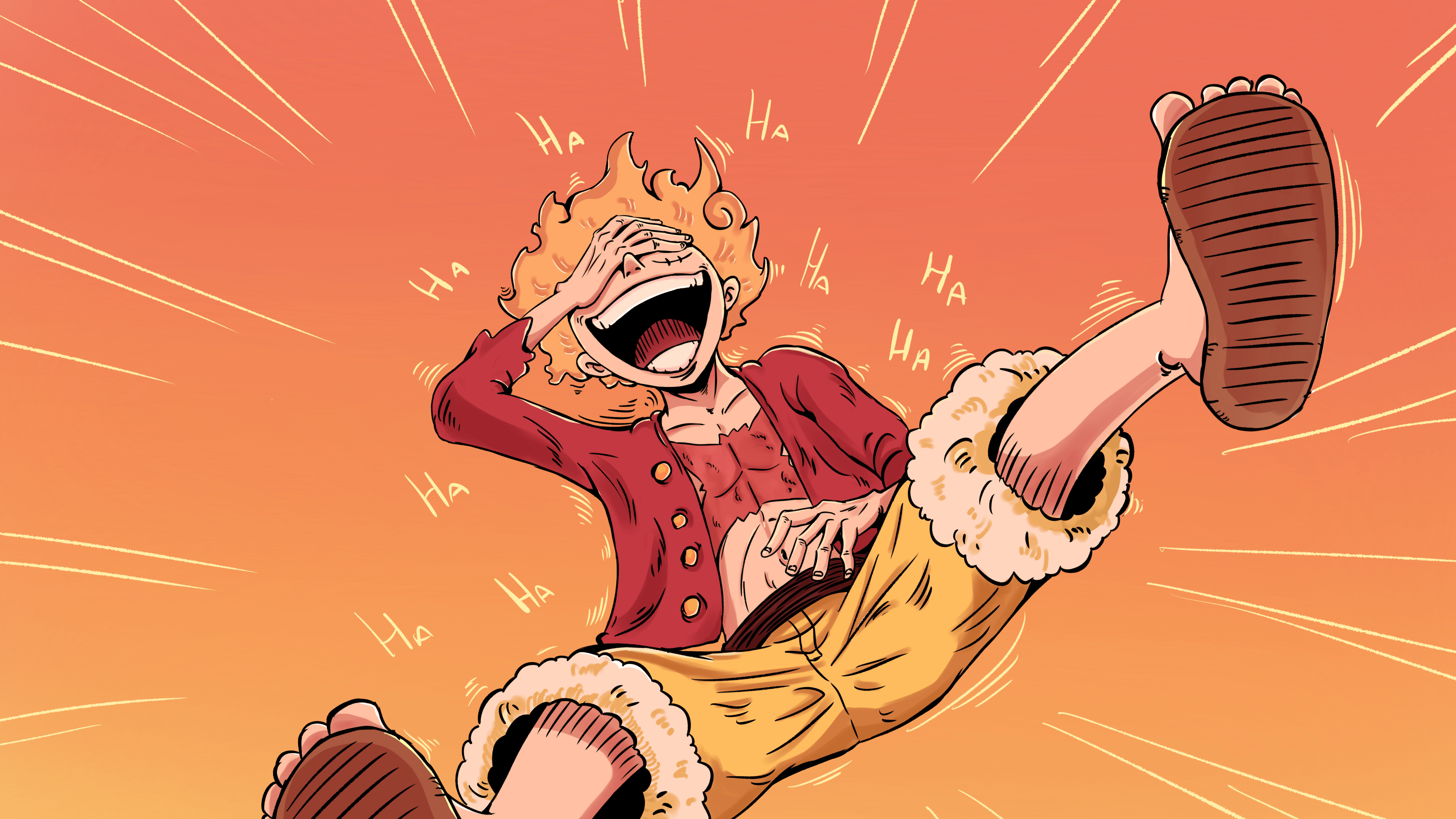 Luffy laughing and kicking his leg up in the air. - One Piece