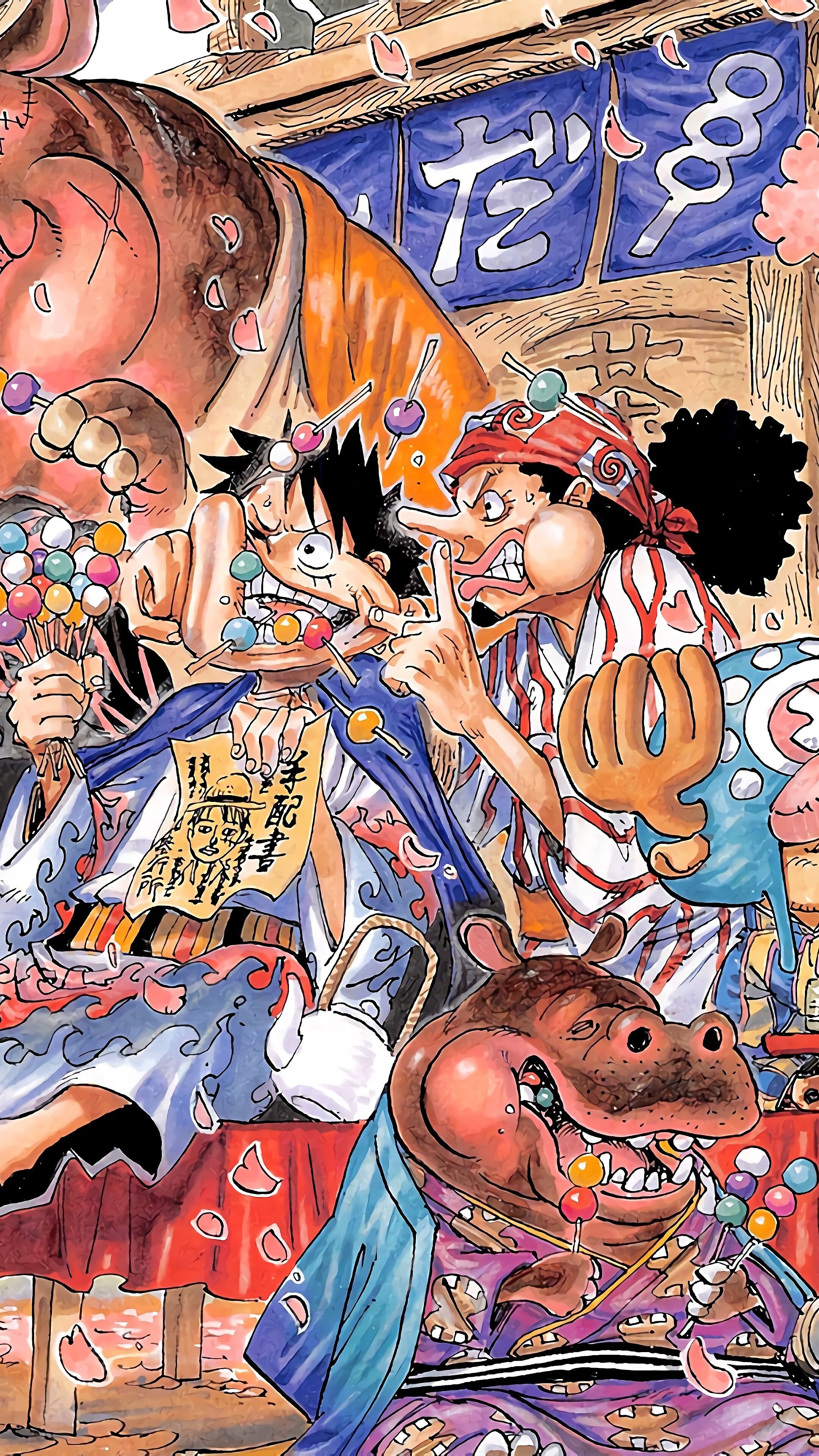 One Piece Straw Hat Pirates in a kimono in a candy shop in One Piece 989. - One Piece
