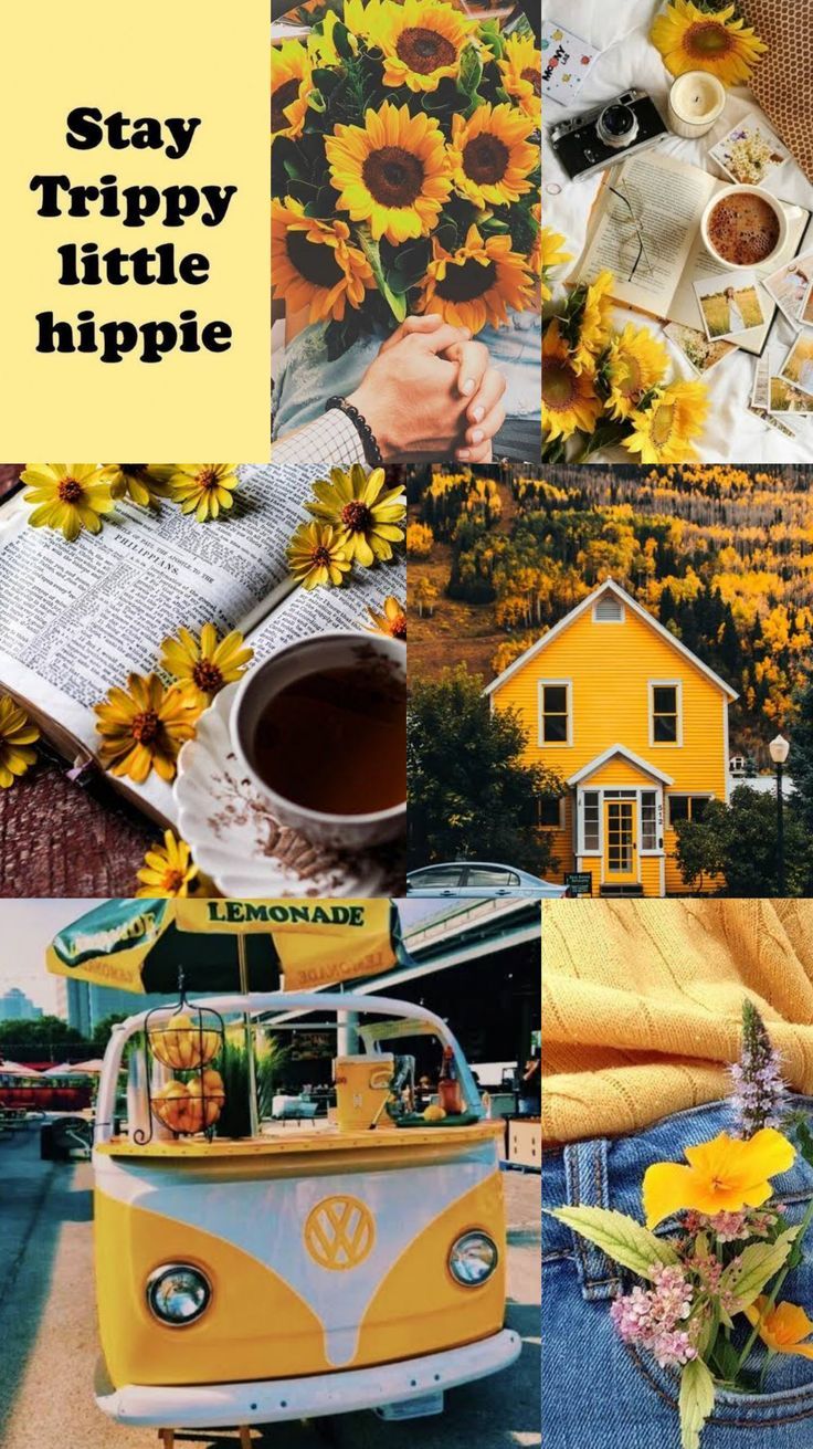 A collage of yellow and white aesthetic images with a van, flowers, and a book. - Vintage