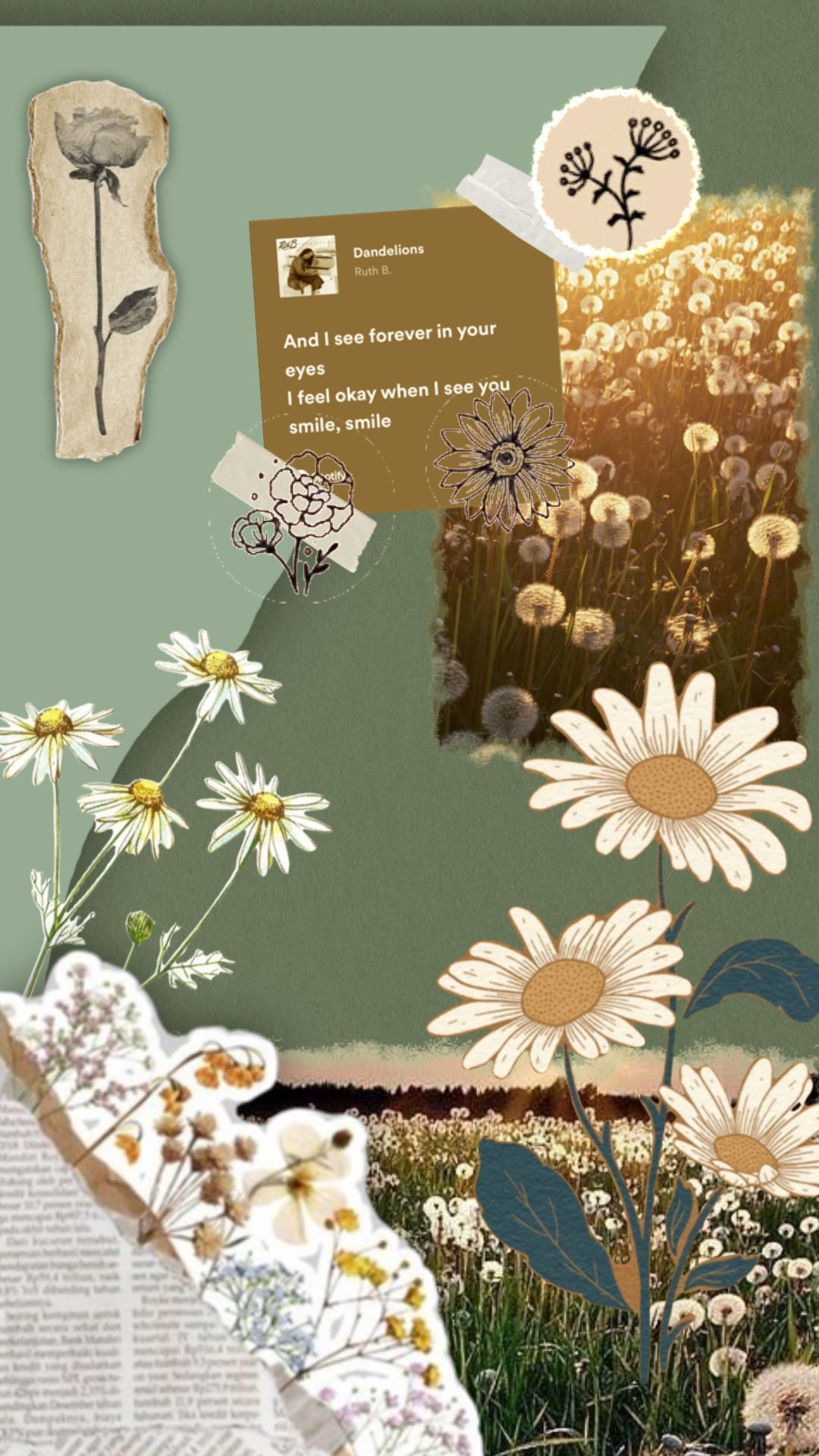 Collage of daisies, a field, and a page from a book - Dandelions