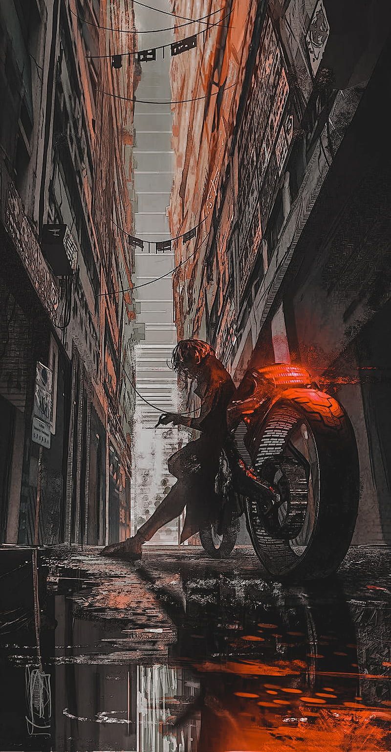 A woman sitting on a motorcycle in a city alley - Cyberpunk 2077
