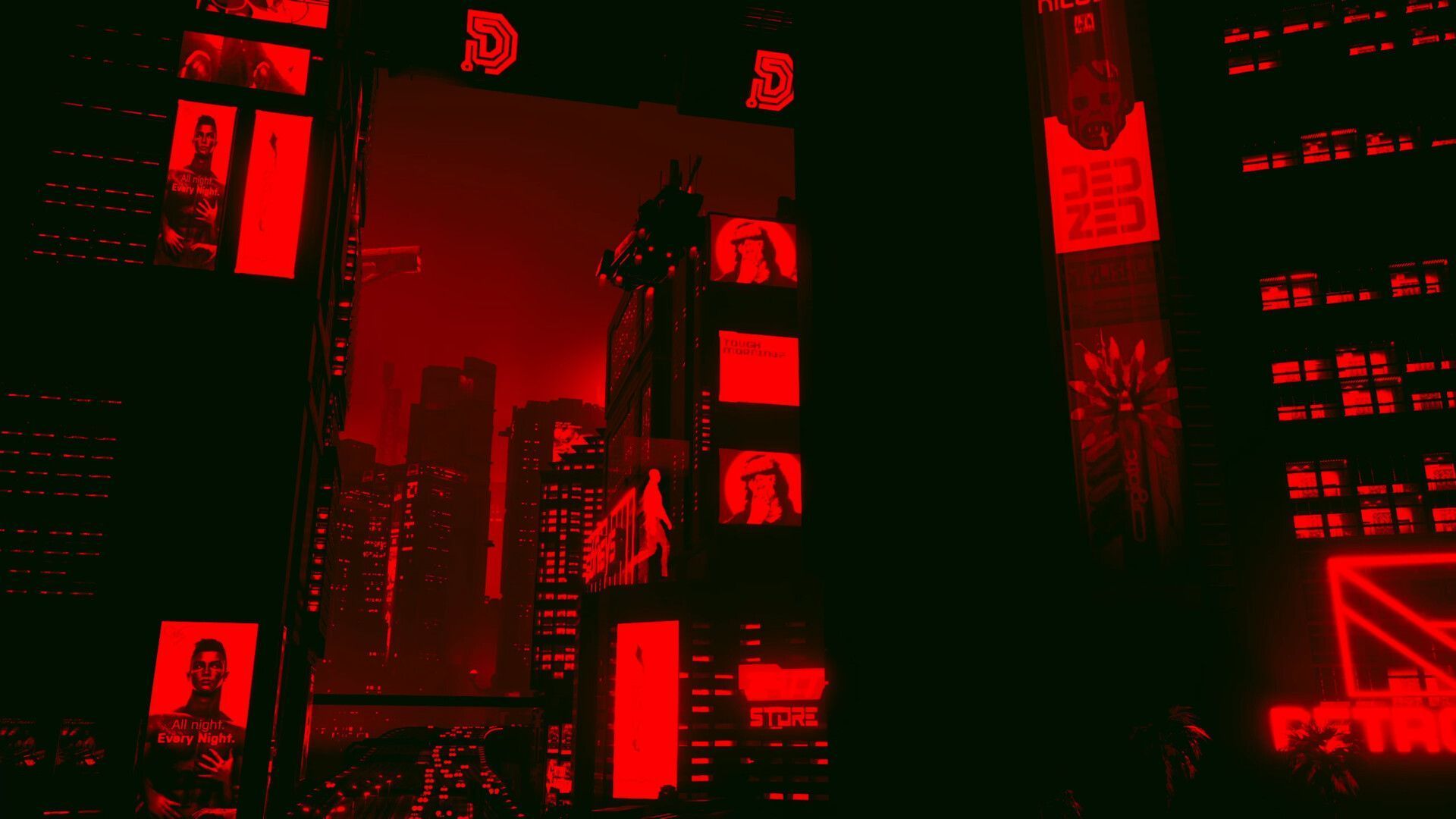 A red cityscape with people and buildings - Cyberpunk 2077