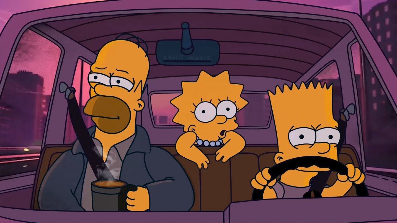 The Simpsons driving in their car with a cup of coffee and music playing. - Homer Simpson