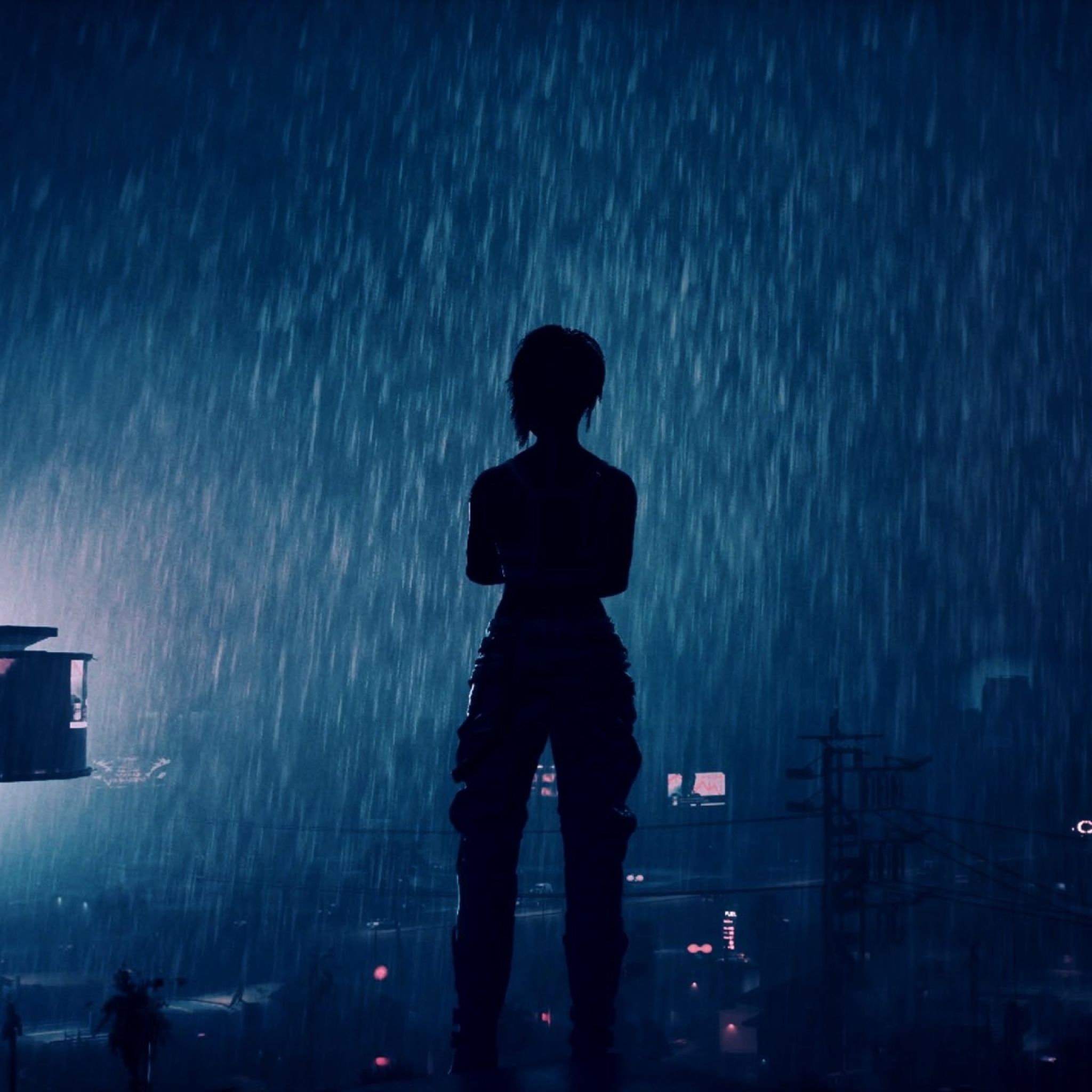 A woman standing in the rain looking at the city. - Cyberpunk 2077
