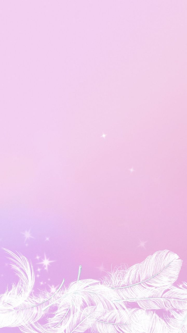 A pink background with white feathers and stars - Feathers