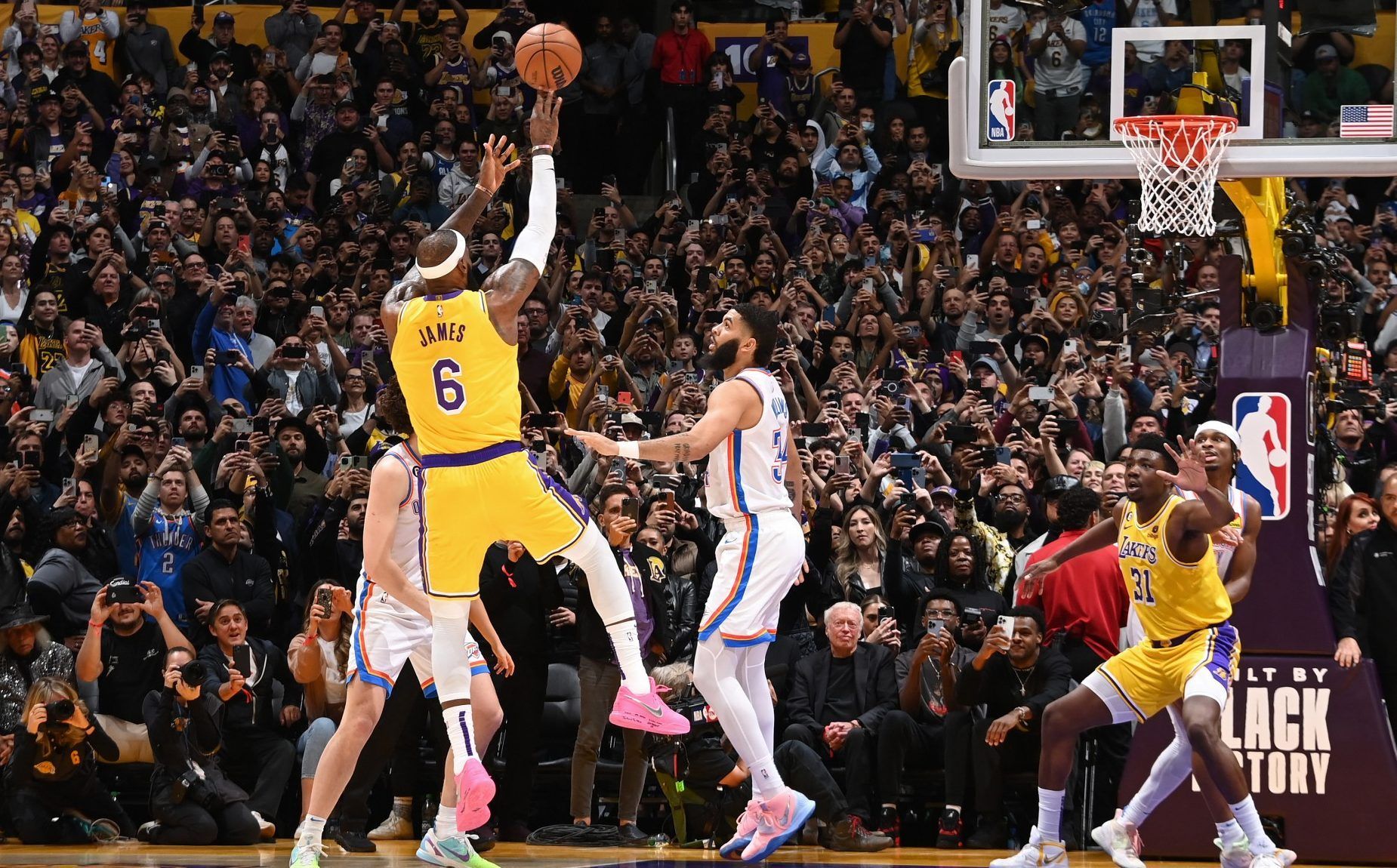 The Lakers' LeBron James (6) shoots a game-winning shot over the Thunder's Shai Gilgeous-Alexander (2) during the second half of an NBA basketball game in Los Angeles, Saturday, Jan. 4, 2020. The Lakers won 127-124. - Lebron James