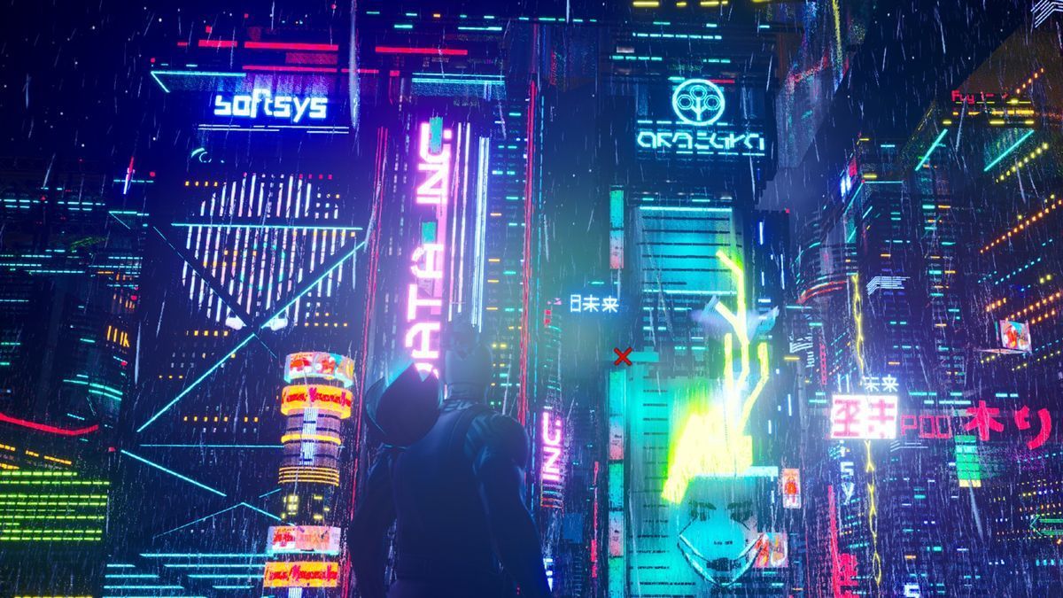 A man in a raincoat and hat walks through a neon-lit cyberpunk city at night. - Cyberpunk, Cyberpunk 2077