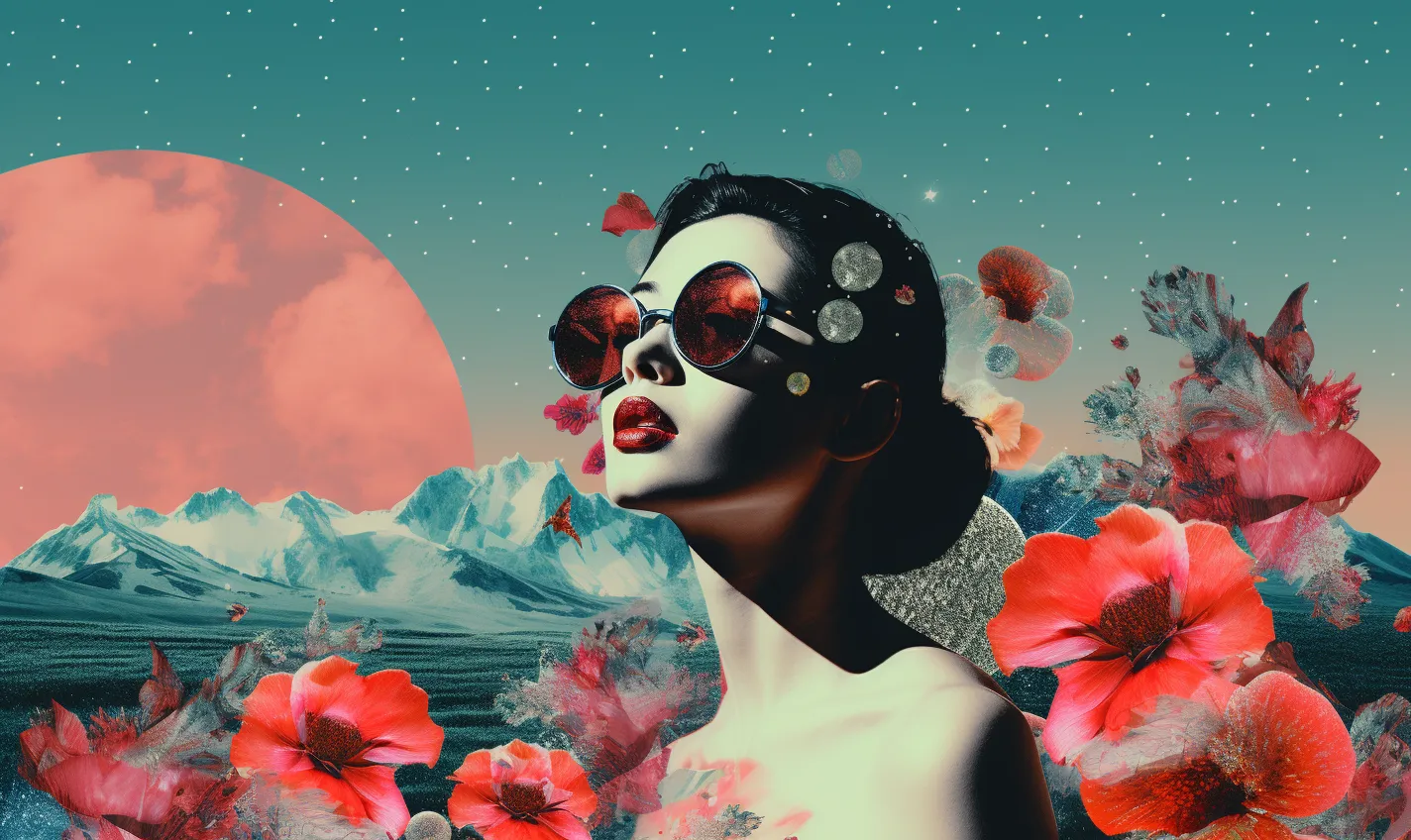 A woman with sunglasses and flowers. - Collage