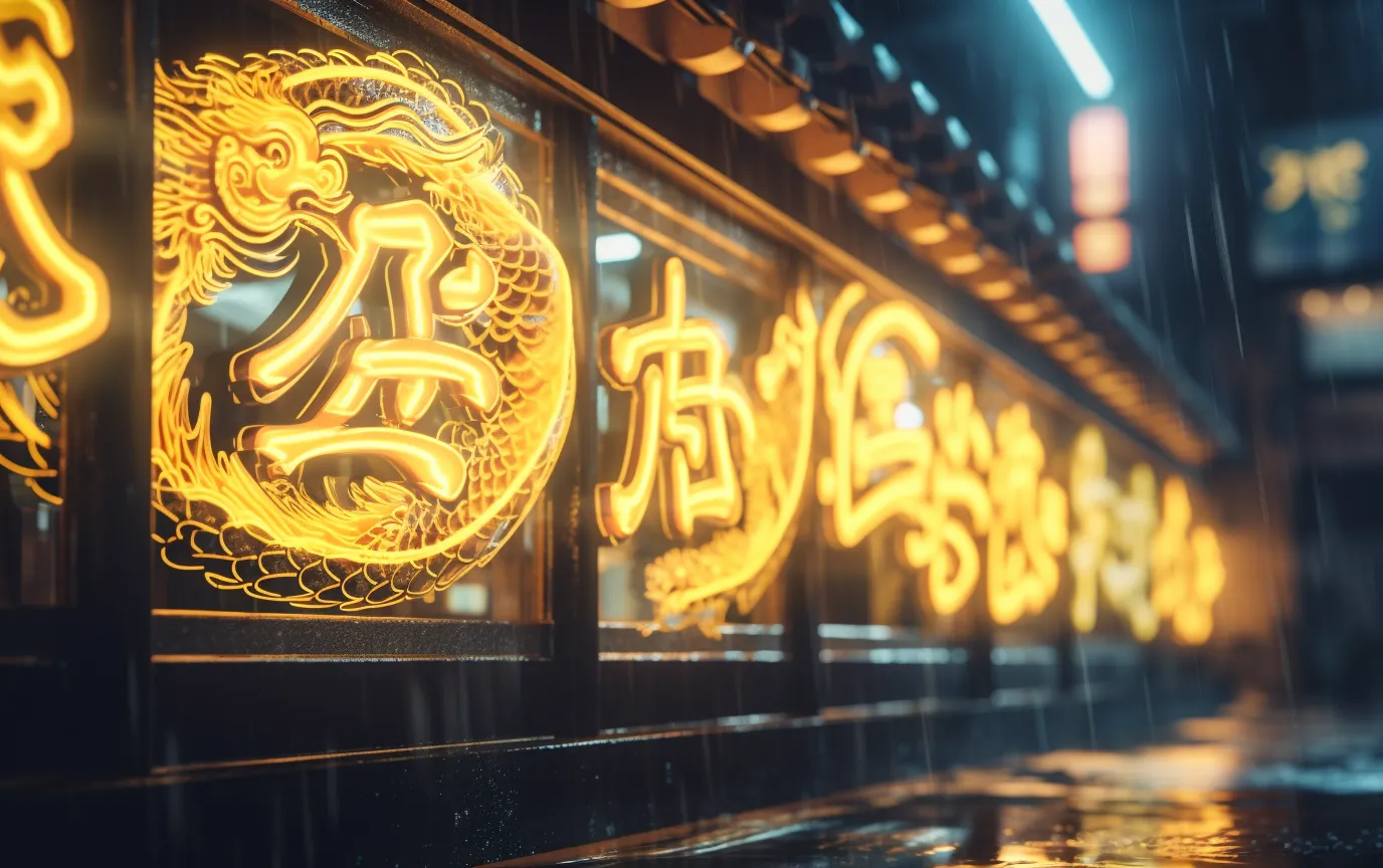 close up of japanese yellow neon sign in a empty street