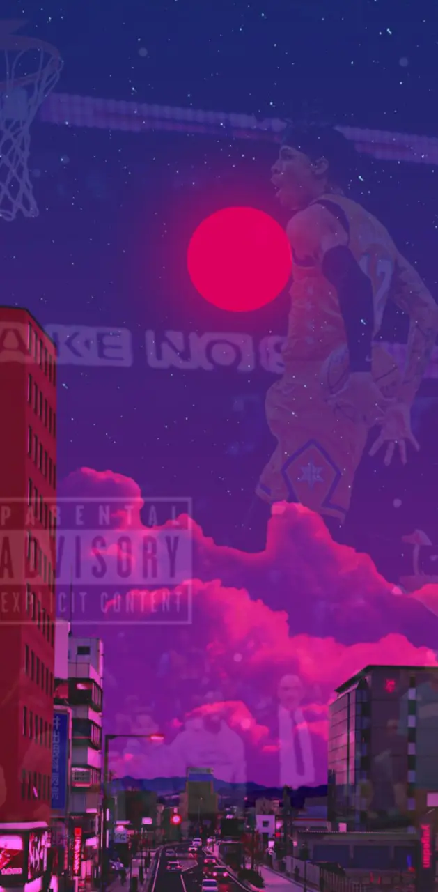 Aesthetic anime cityscape wallpaper with a giant basketball player jumping over a city street - Ja Morant