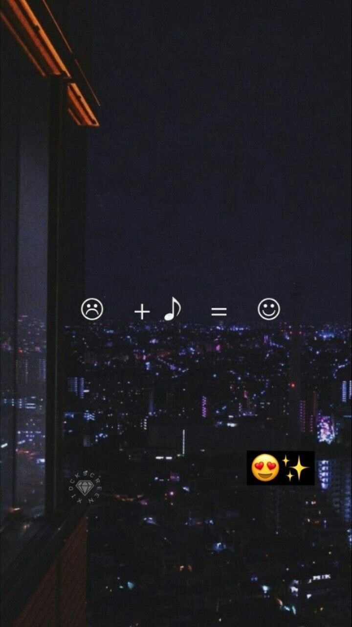 City at night with emojis of a smiley face, a sad face, a musical note, and an equals sign. - Music