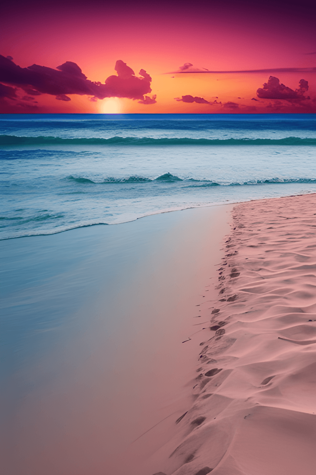 A sunset over a beach with a line of footprints in the sand. - Sand