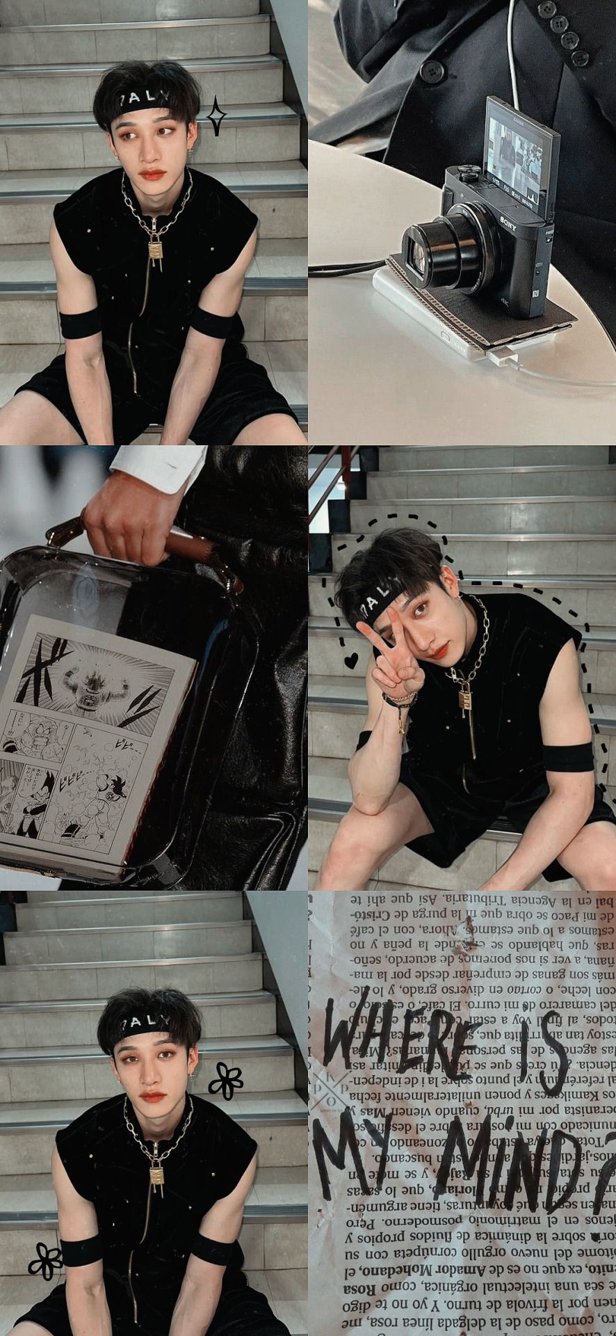 A collage of pictures of a man sitting on stairs with a book and a camera. - Bang Chan