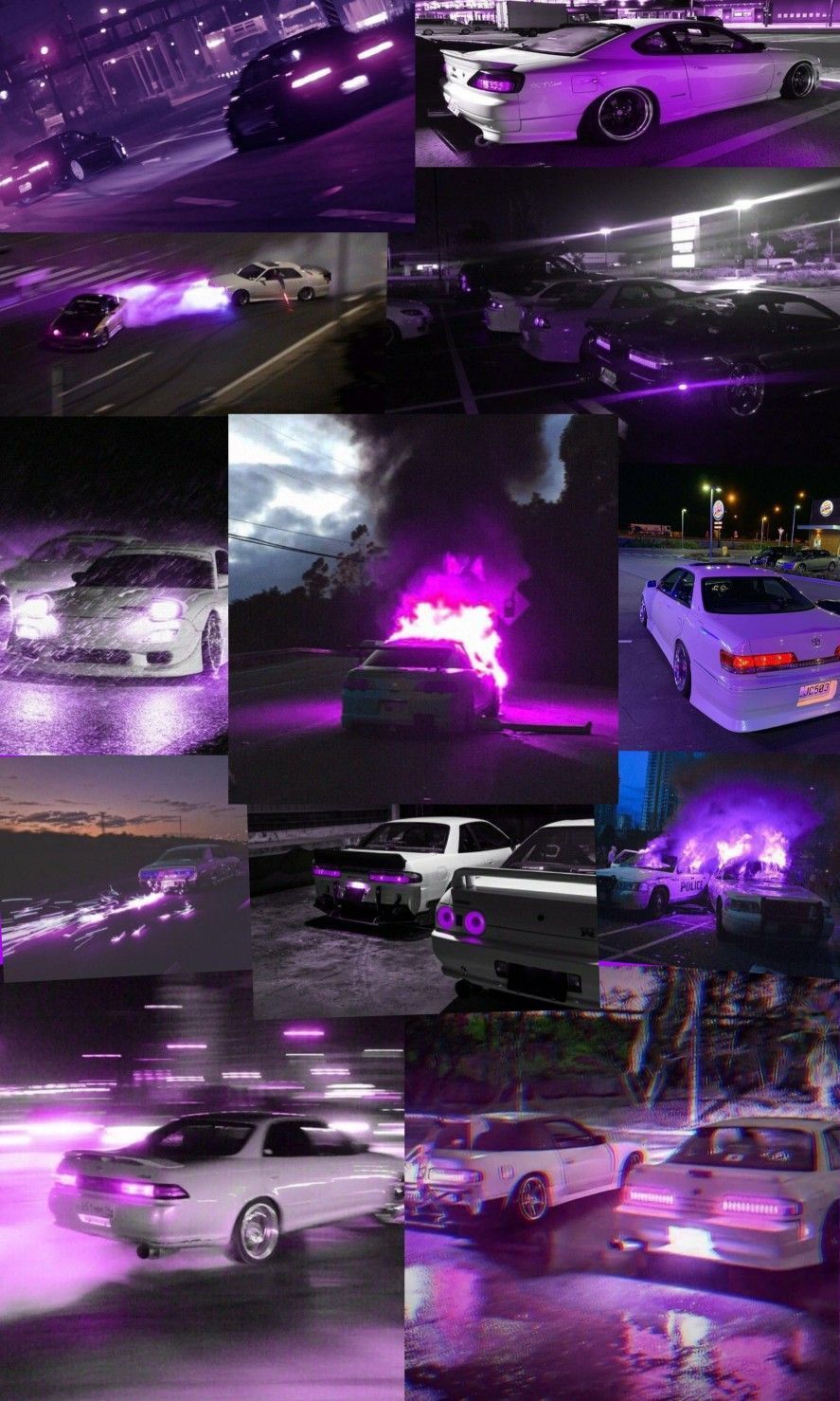 A collage of purple images with cars in them - JDM