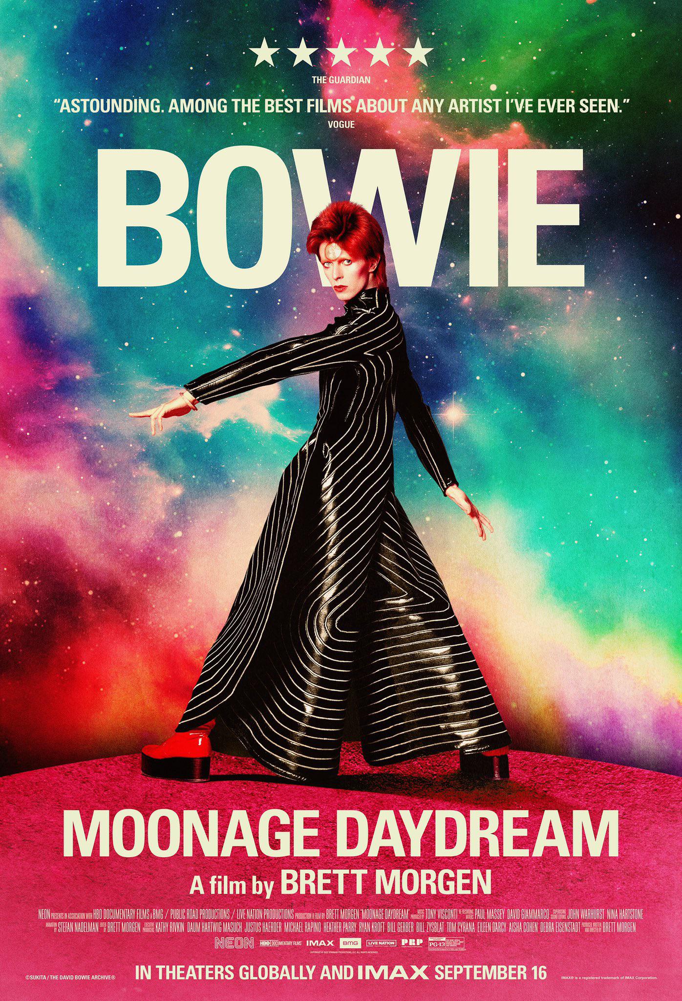 Official poster for 'MOONAGE DAYDREAM' starring David Bowie, Ziggy Stardust, Aladdin Sane, Halloween Jack, the Thin White Duke, the Cracked Actor, and the Blind Prophet