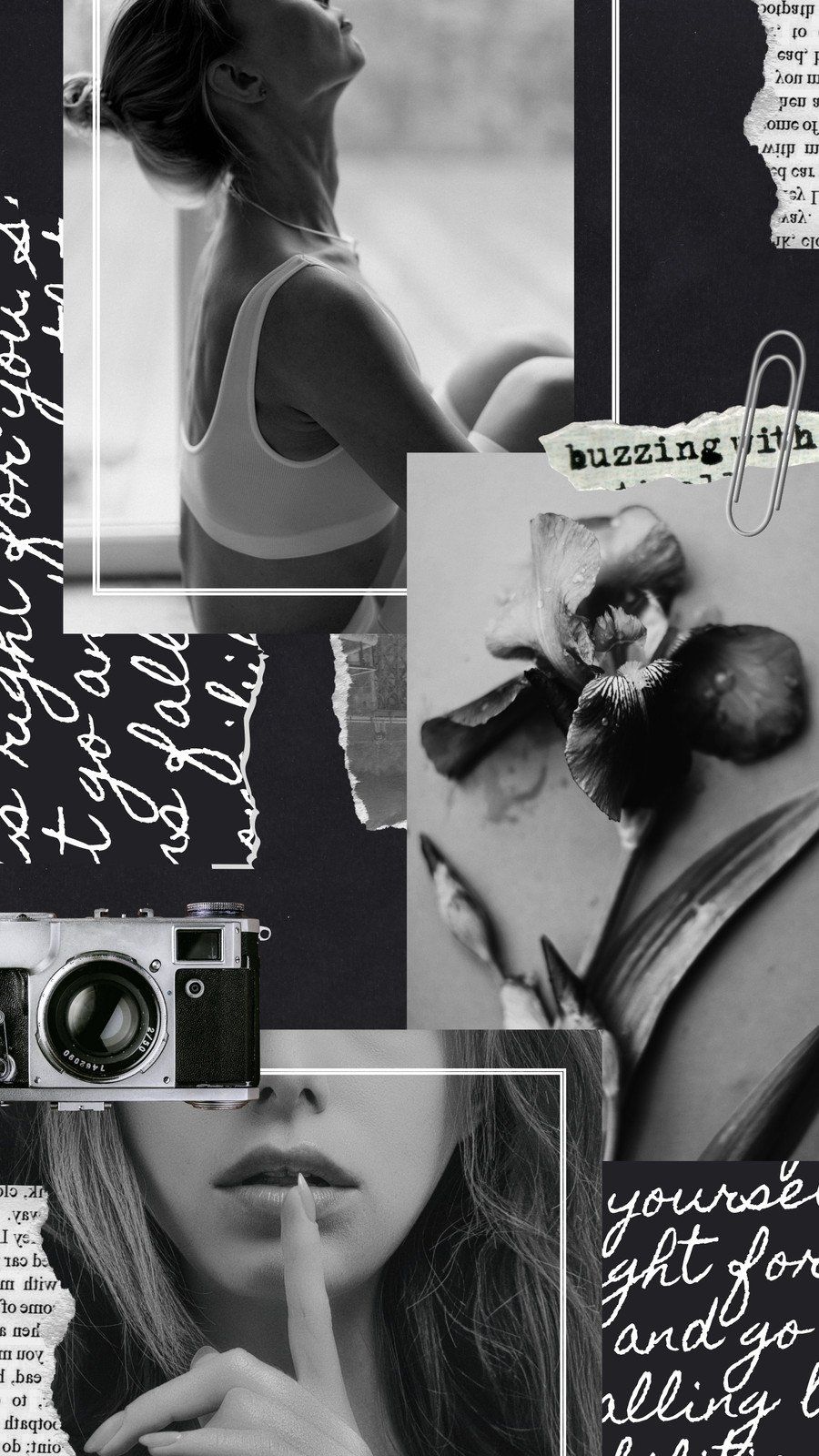 A black and white collage featuring a woman, a camera, and flowers. - Gray