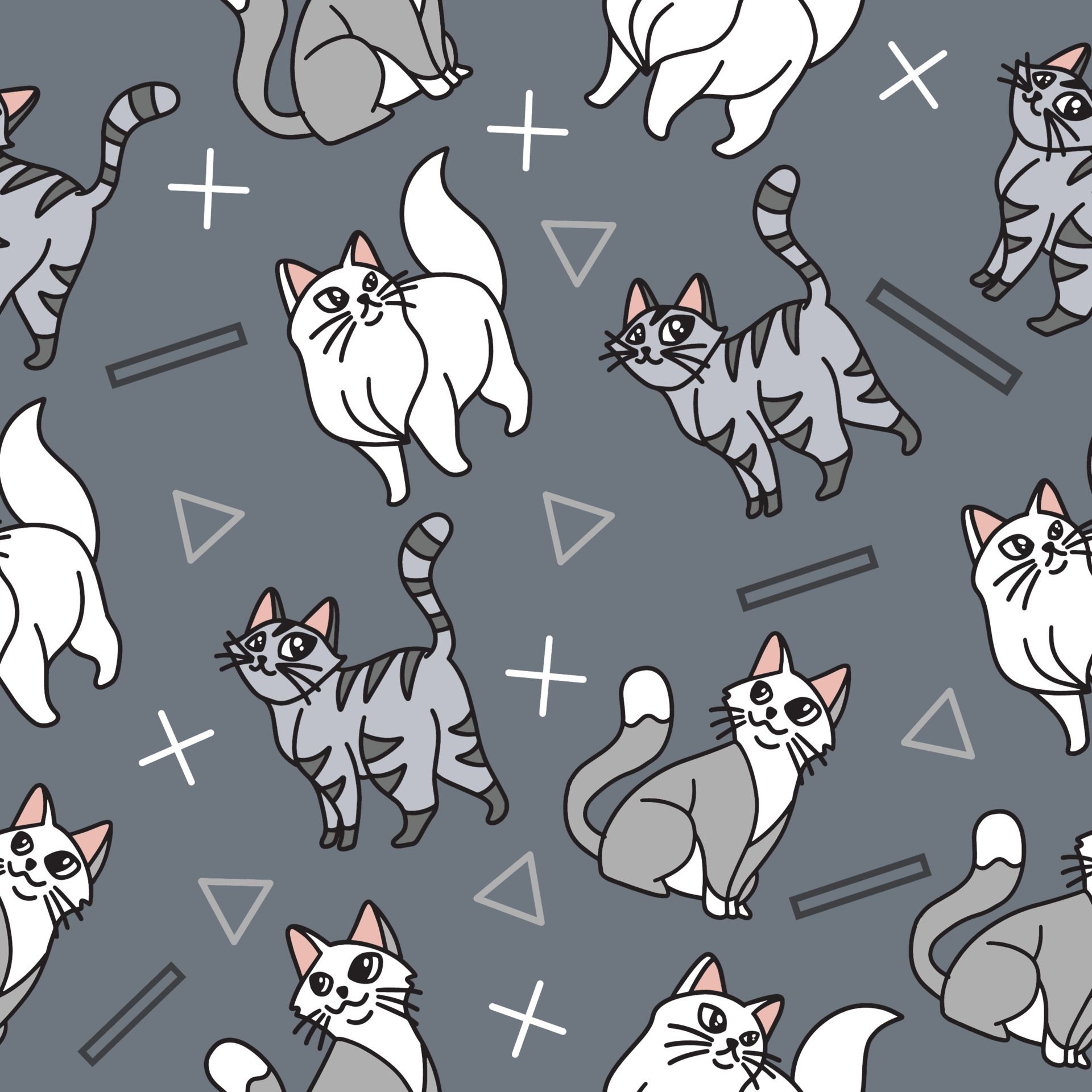 A grey and white pattern with cats and geometric shapes - Gray
