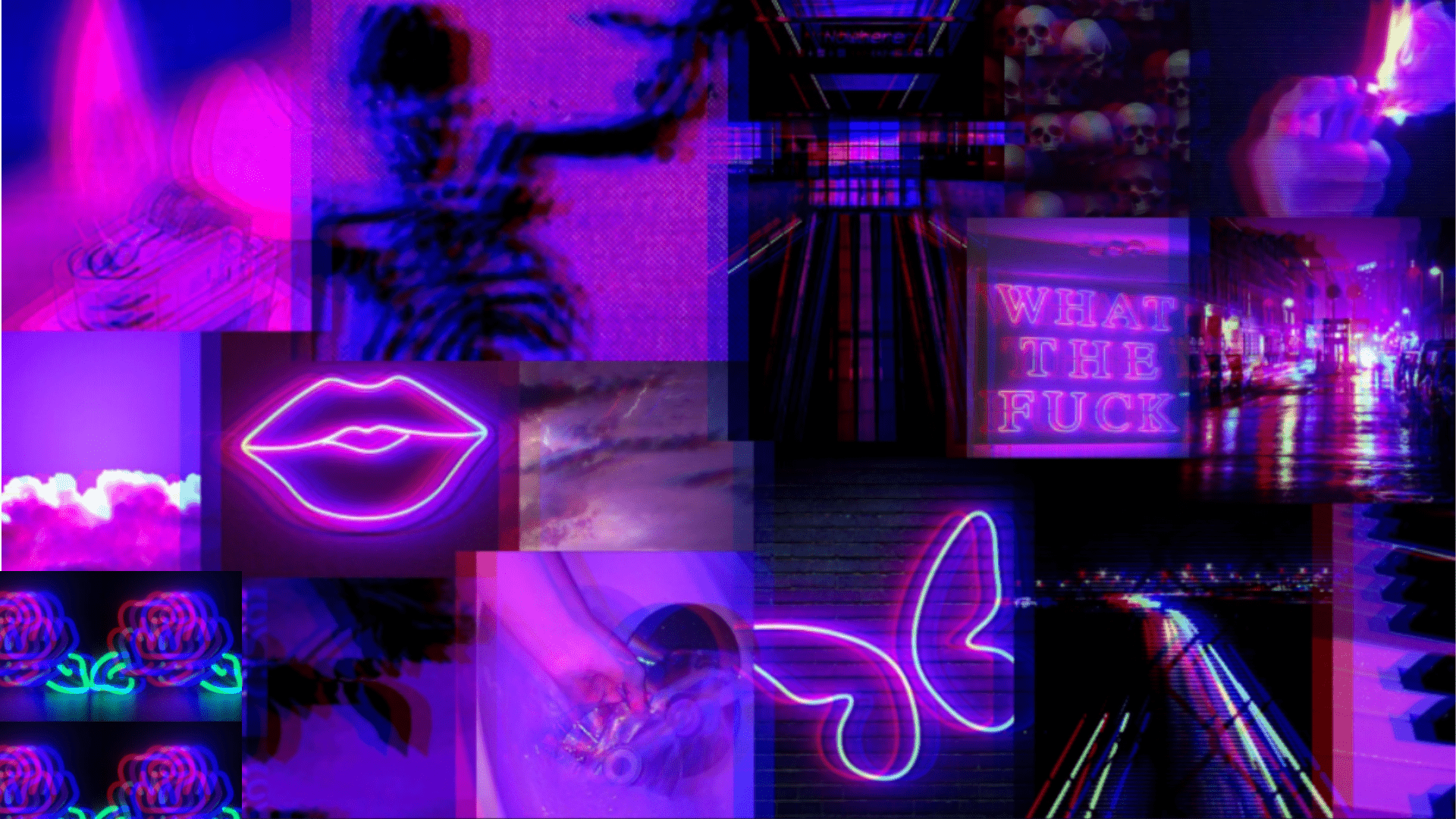 Aesthetic background with neon lights, lips, and rain. - Purple, 1920x1080, violet