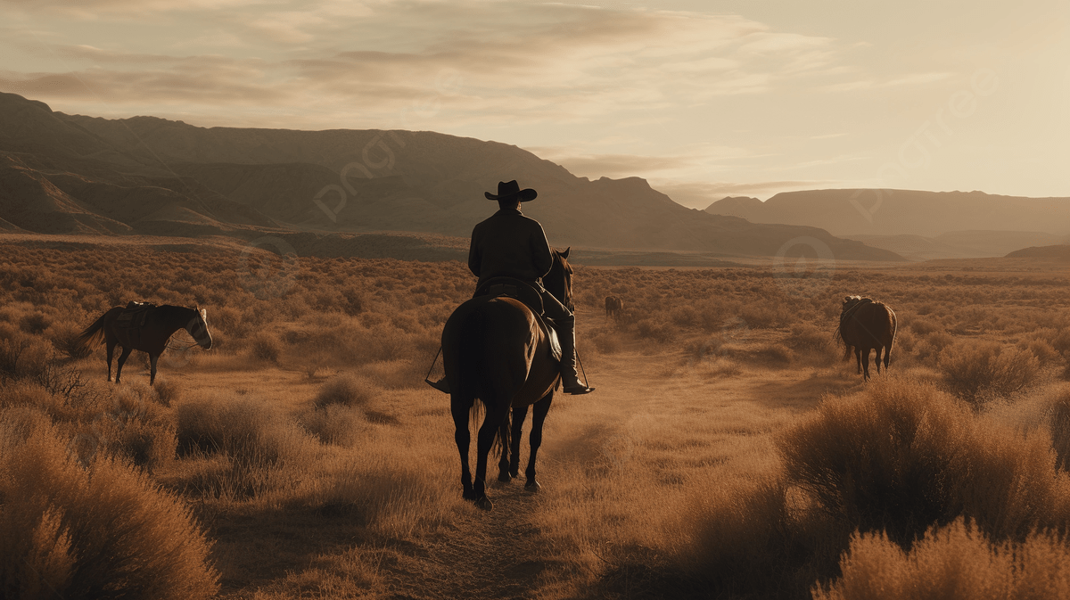 A cowboy riding a horse in the desert with other horses following - Horse