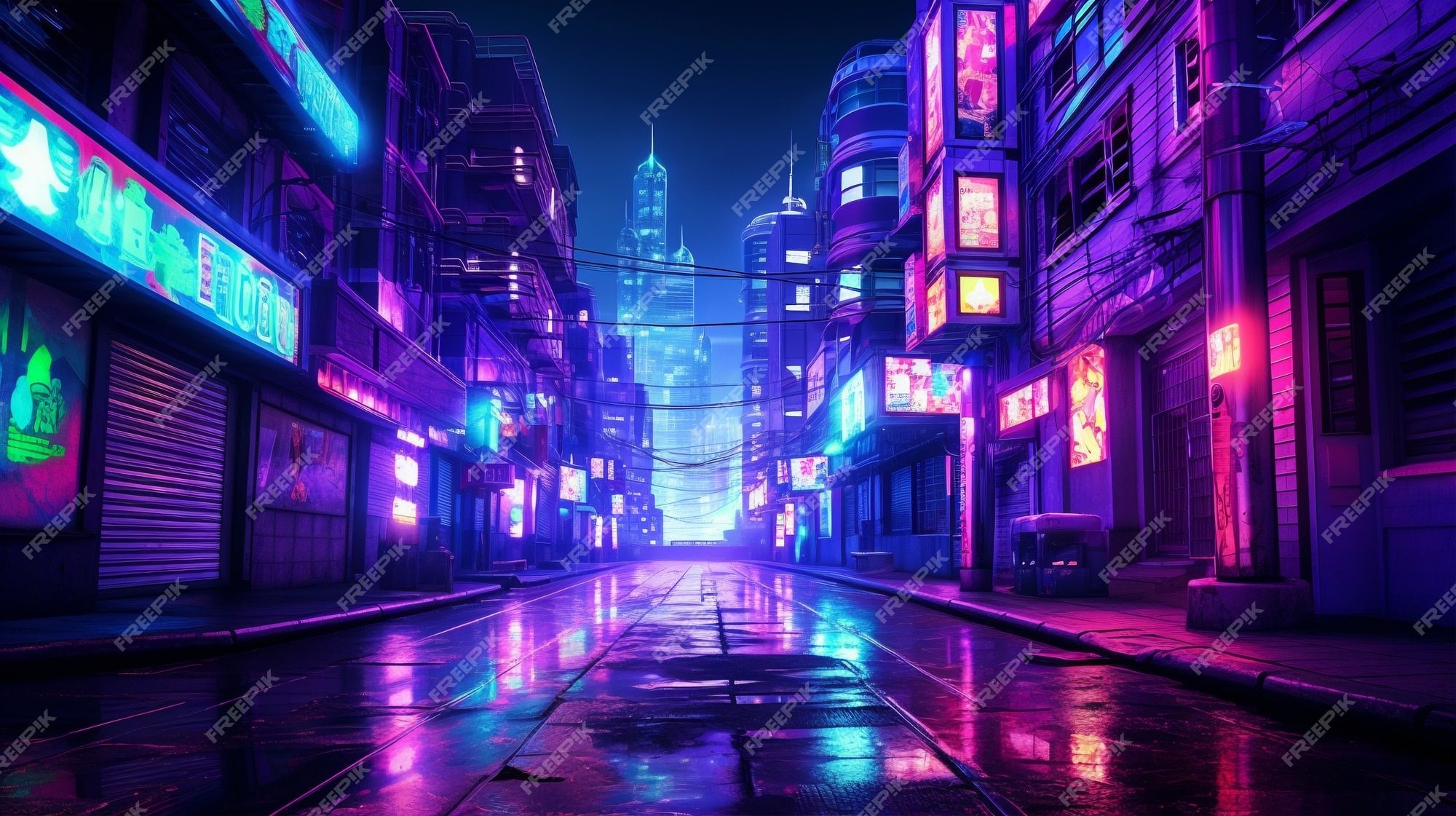 Cyberpunk city street at night with neon lights and rainy streets. 3d illustration - Cyberpunk, Cyberpunk 2077