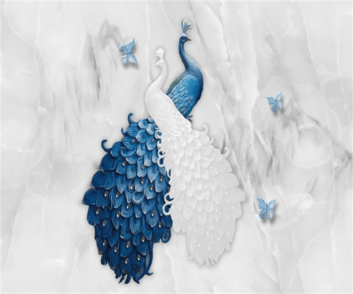 Customize Any Size Wallpaper Mural New Chinese Aesthetic Three Dimensional Blue Peacock Magnolia Flower Marble Wallpaper Papel