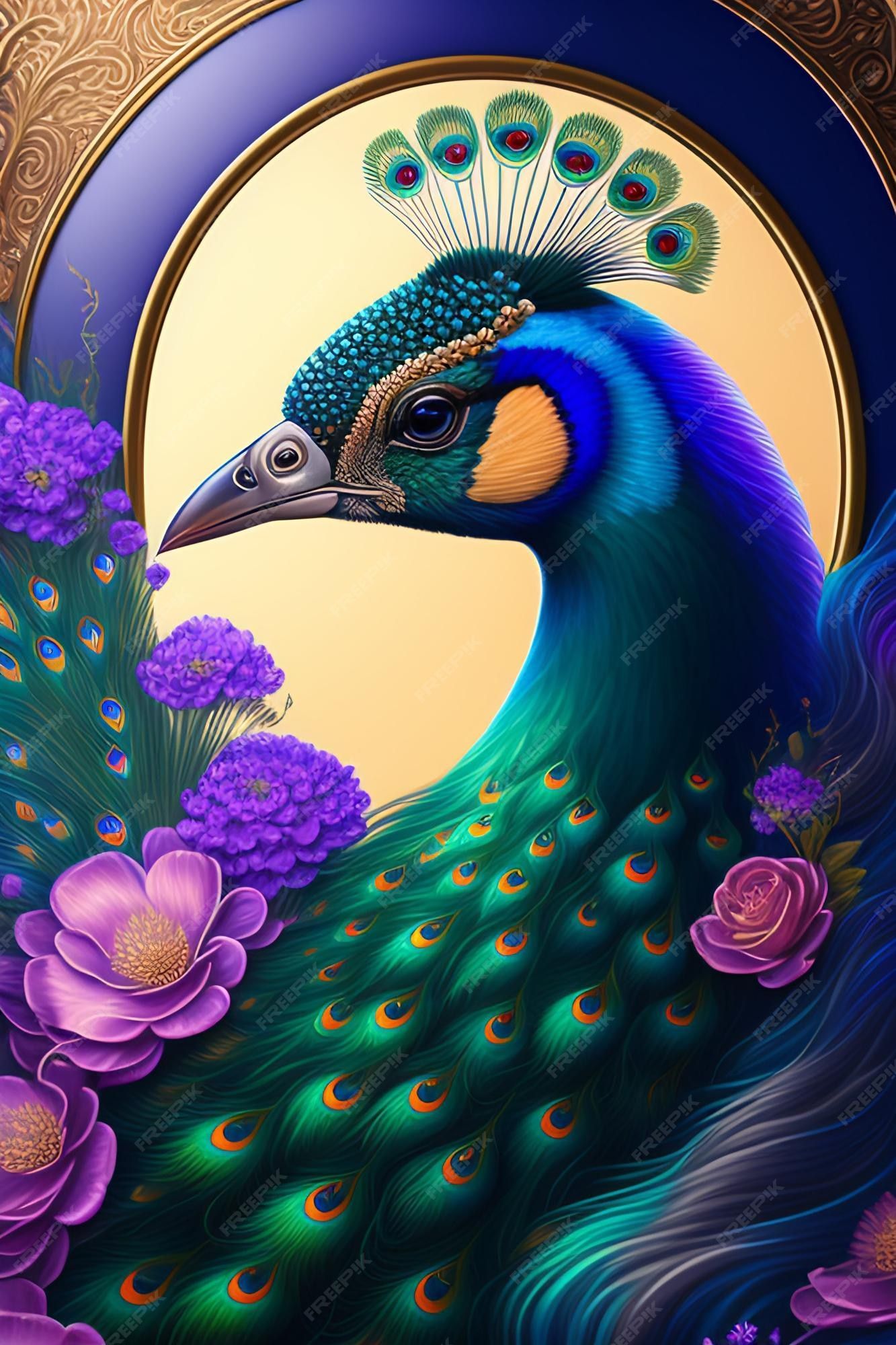 A peacock with a gold frame and purple flowers - Peacock