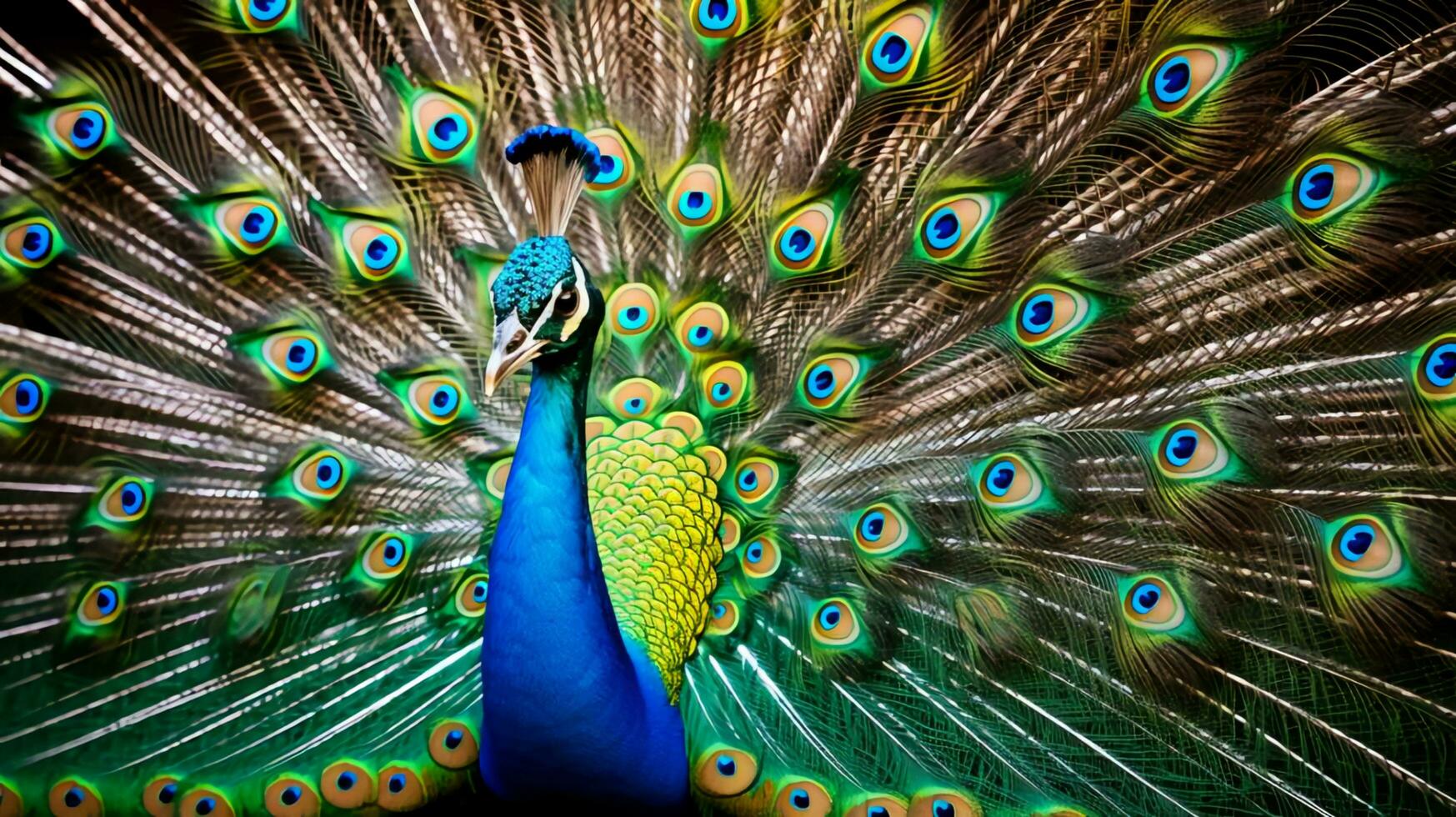 A peacock with its tail feathers spread out. - Peacock