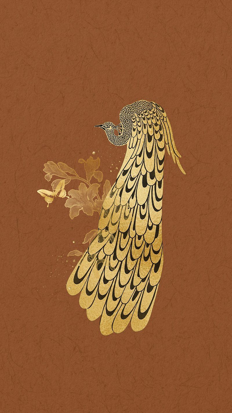 A golden bird on a brown background - Peacock