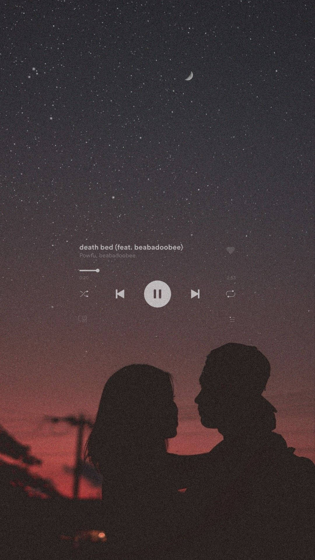 Aesthetic phone wallpaper of a couple under a starry sky with a Spotify player. - Music