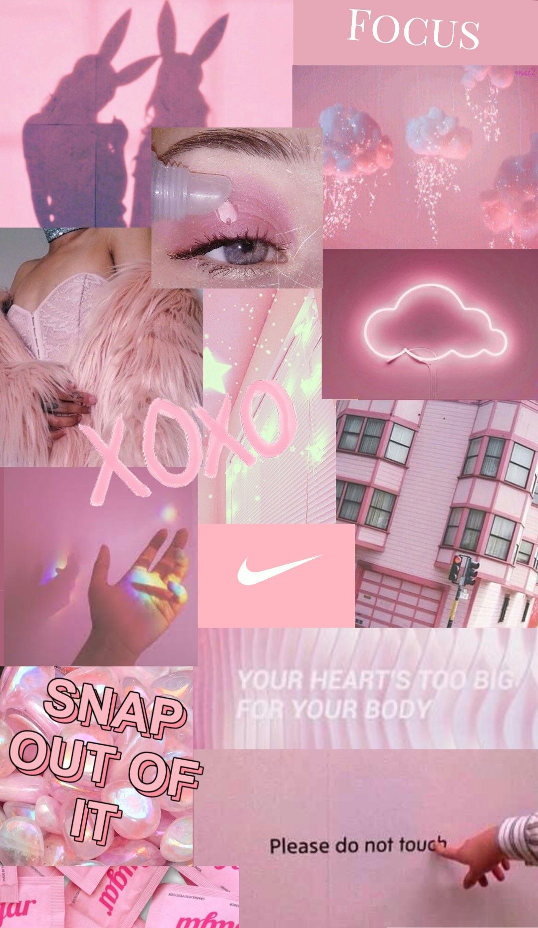 Aesthetic pink background with images of a girl, a neon sign, a building, and a hand - Soft pink