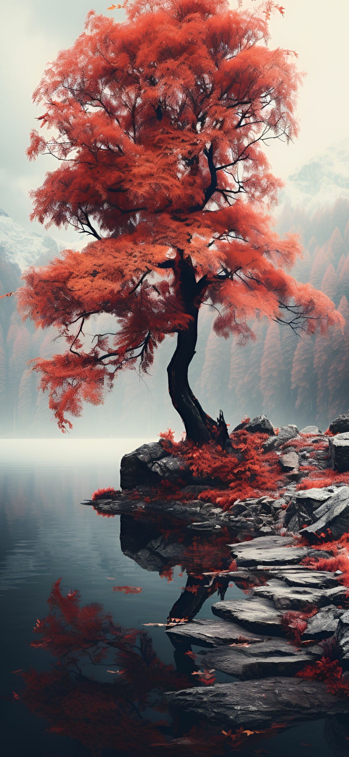 Autumn Tree Over the Lake Wallpaper Aesthetic Wallpaper