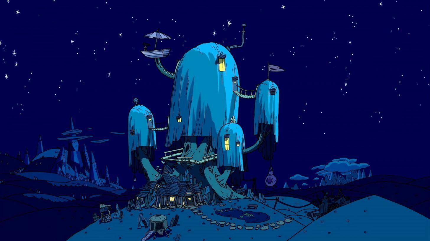 A blue, ghostly figure with a lamp hanging from its head stands on a small planet, holding a parasol. - Adventure Time