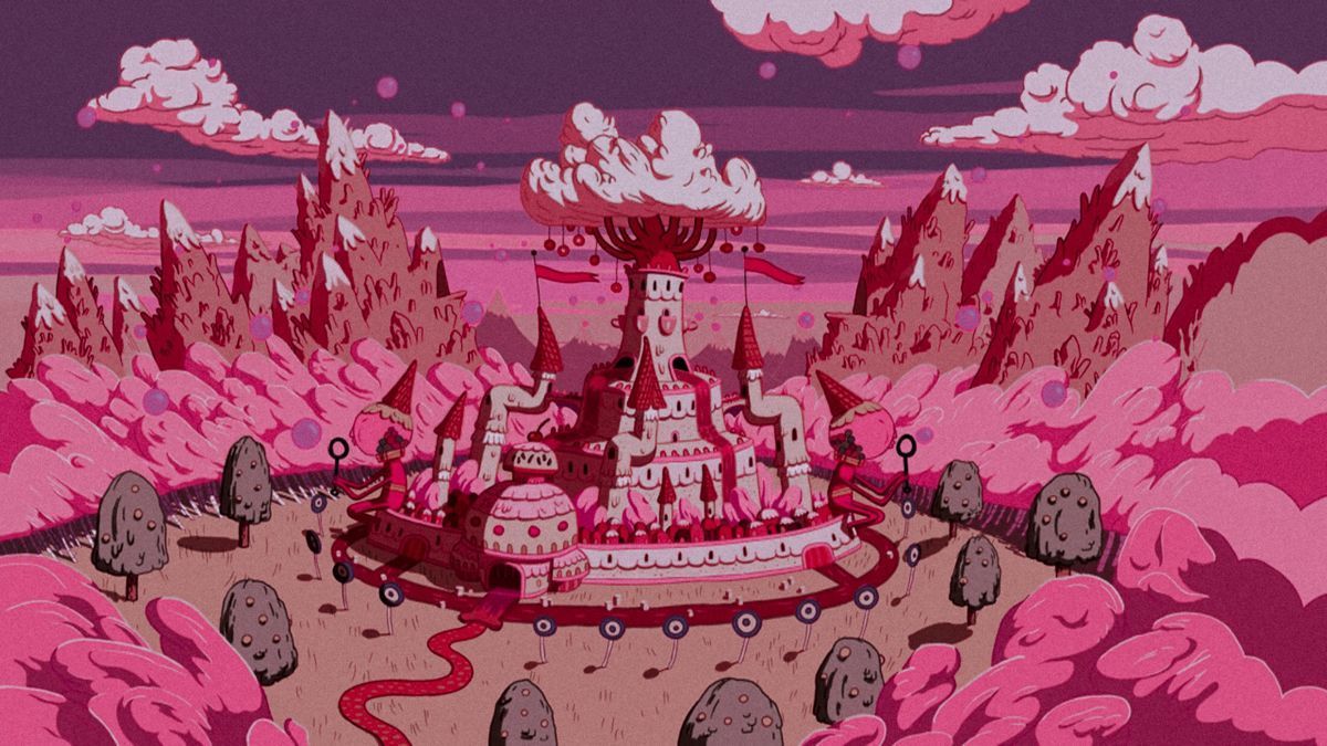 A pink and purple Adventure Time wallpaper with a candy castle on wheels. - Adventure Time