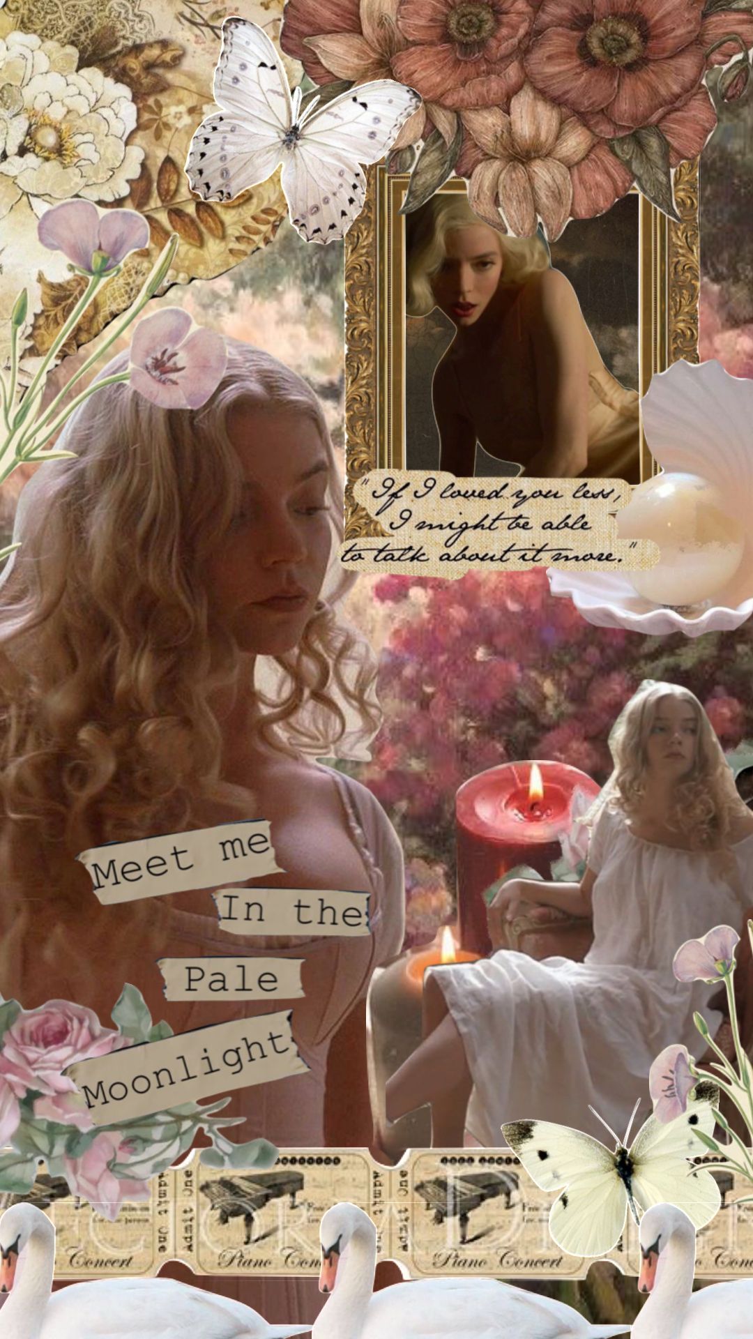 Aesthetic collage of a woman with curly blonde hair, flowers, butterflies, candles, and a poem. - Anya Taylor-Joy