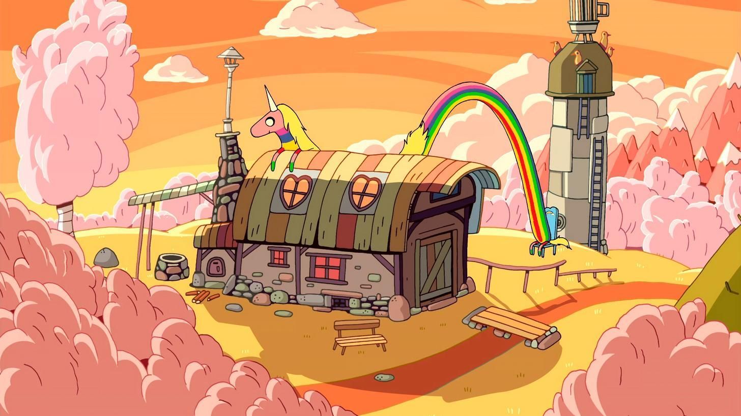 A rainbow-colored house in a pink cloud forest. - Adventure Time