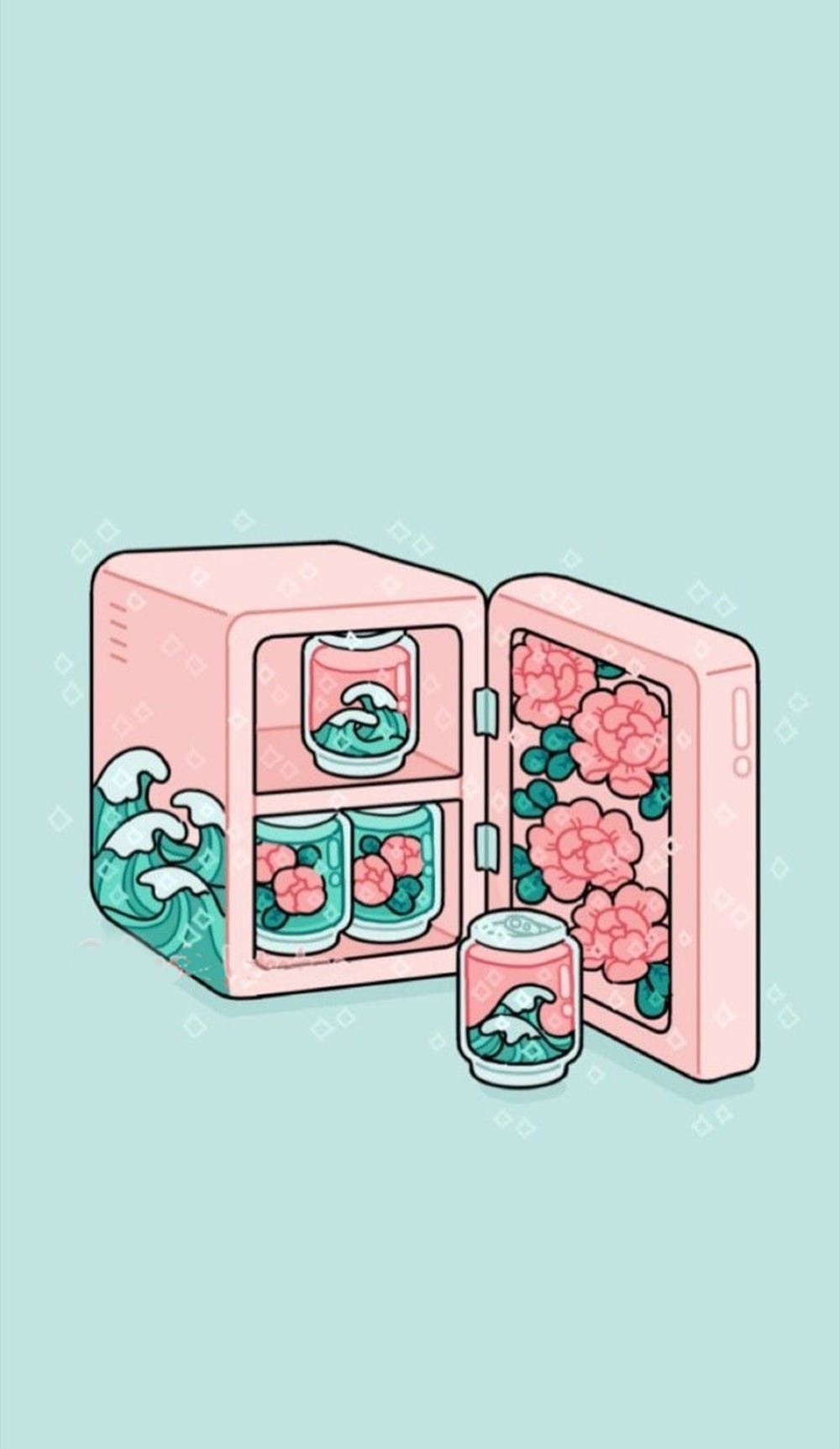 A pink mini fridge with a wave and flower design on it - Kawaii