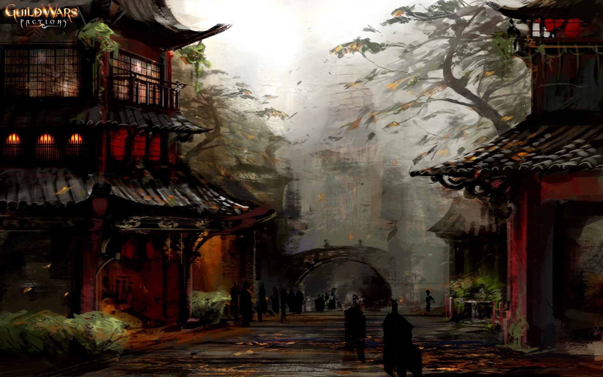 Guild Wars 2 concept art of a foggy street in a Japanese town - Chinese